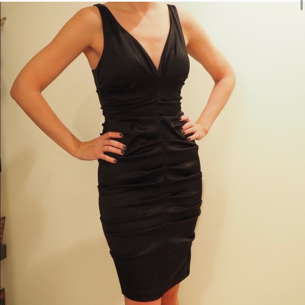 Xscape sheath satin wrap dress